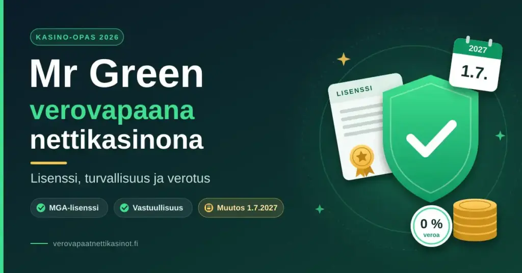 Mr Green verovapaana nettikasinona -oppaan kuvituskuva, jossa vihreä turvakilpi, lisenssiasiakirja sinetteineen, kalenteri päivämäärällä 1.7.2027 sekä kolikkopino ja ”0 % veroa” -merkki tummanvihreällä taustalla.