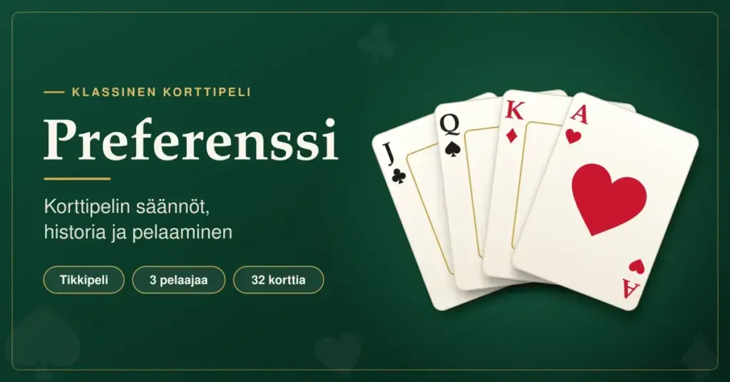 Vihreällä korttipöytätaustalla viuhkaksi aseteltuina ristisotamies, patarouva, ruutukuningas ja hertta-ässä sekä teksti ”Preferenssi – korttipelin säännöt, historia ja pelaaminen”.